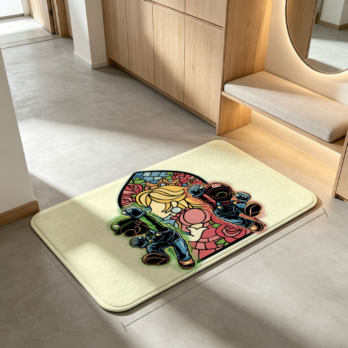 Mario and Luigi Guarding Princess Peach in Stained Glass Style - Flannel floor mat