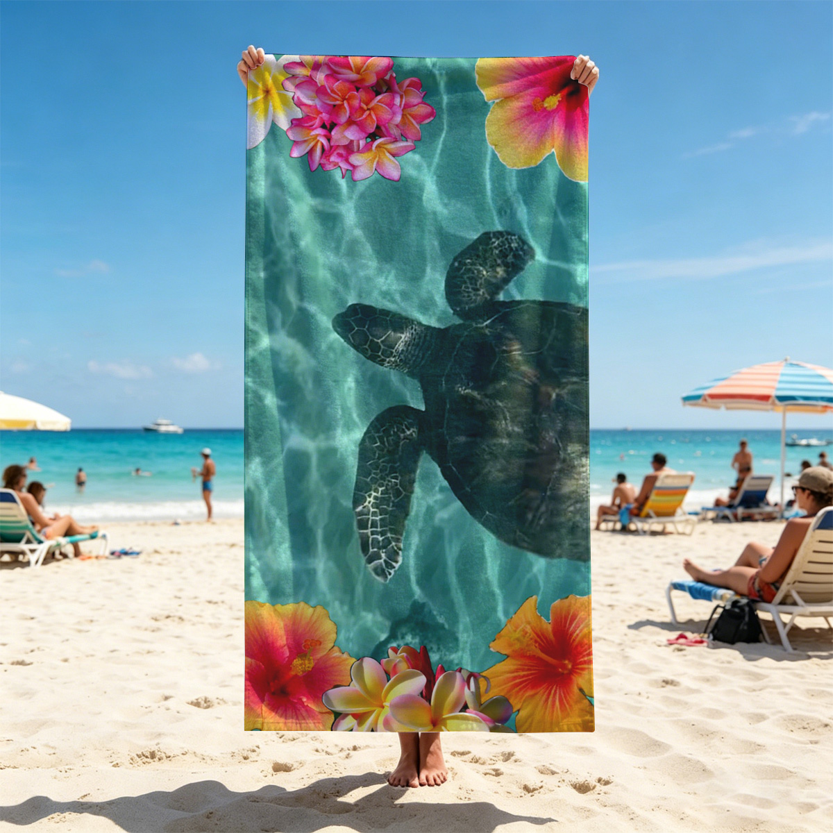 Sea Turtle Swimming Among Tropical Flowers in Clear Water - Beach towels