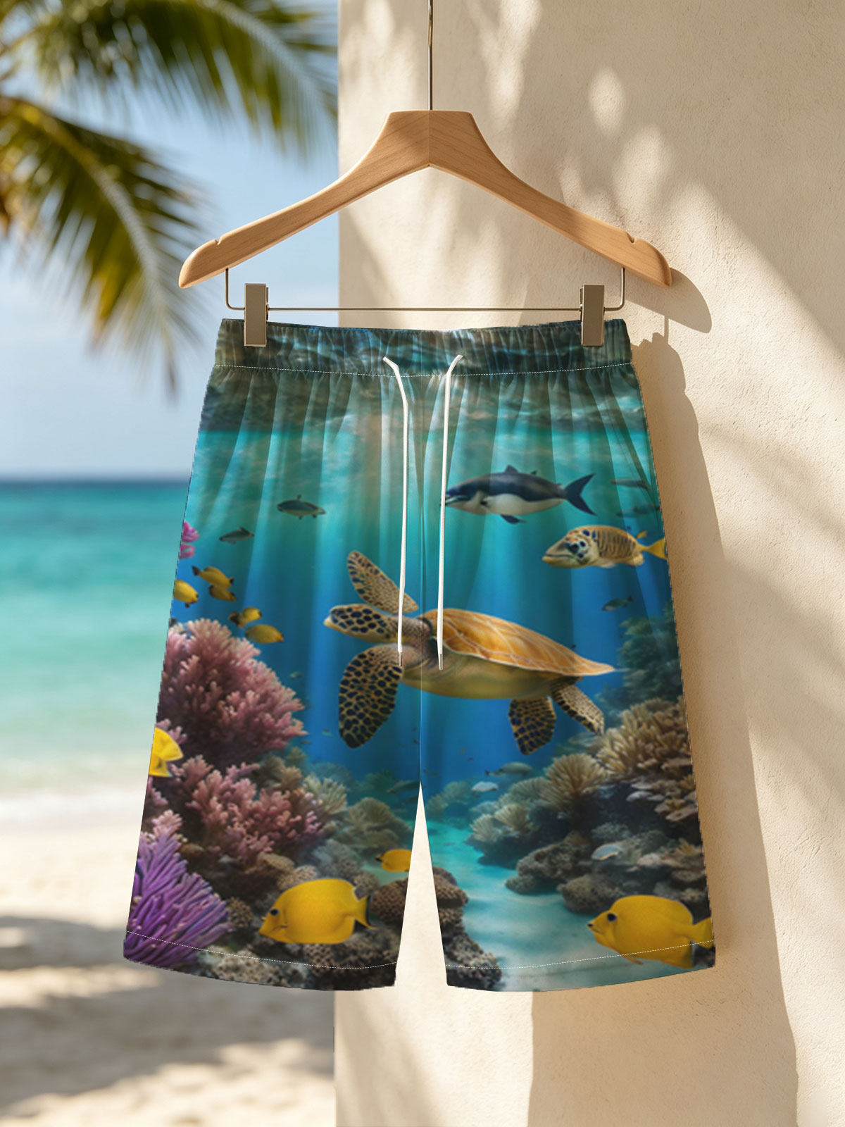 Colorful Coral Reef with Sea Turtle and Fish -  Beach shorts