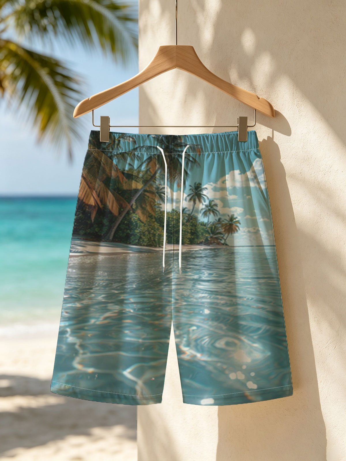 Crystal-clear waters lap against a serene tropical beach lined with swaying palm trees under a bright blue sky. -  Beach shorts