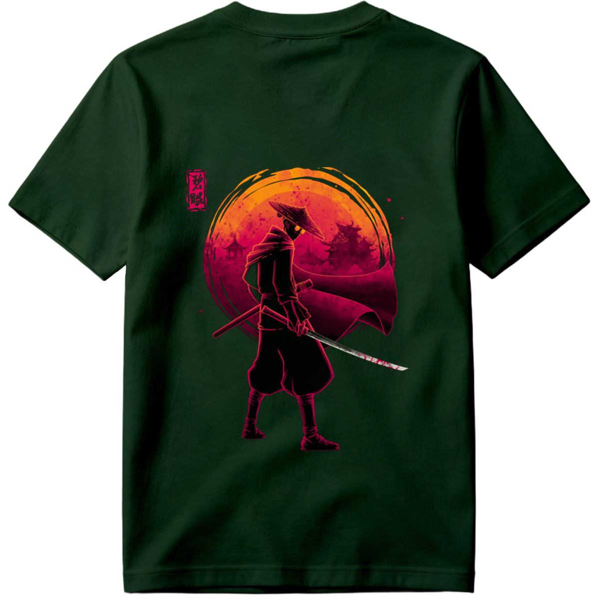 Samurai Warrior with Bloodied Sword Against Crimson Moon - Tee