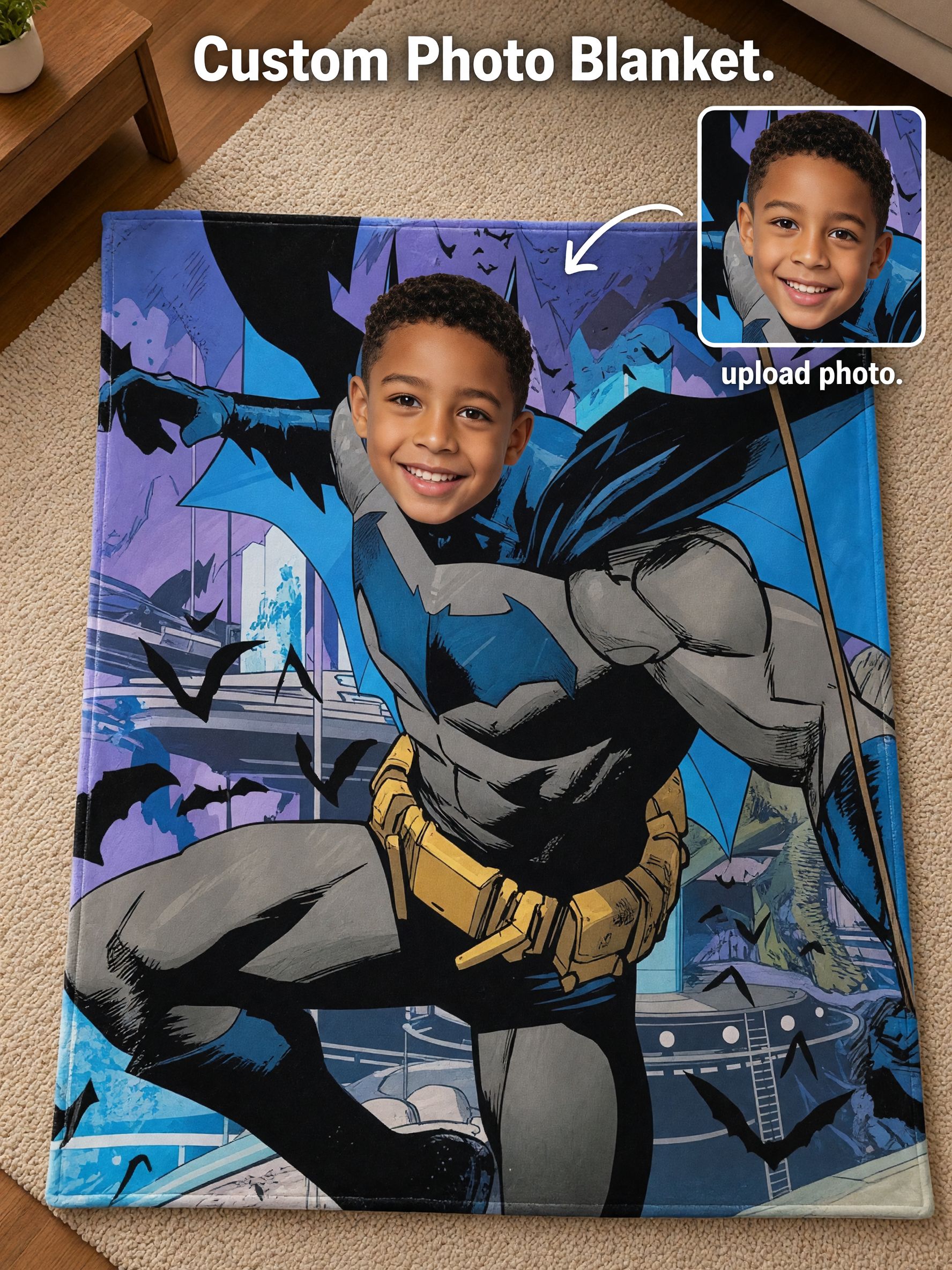 Custom Superhero Face Blanket, Personalized Photo Plush Flannel Throw for Kids, Cozy Bed Couch Travel Gift