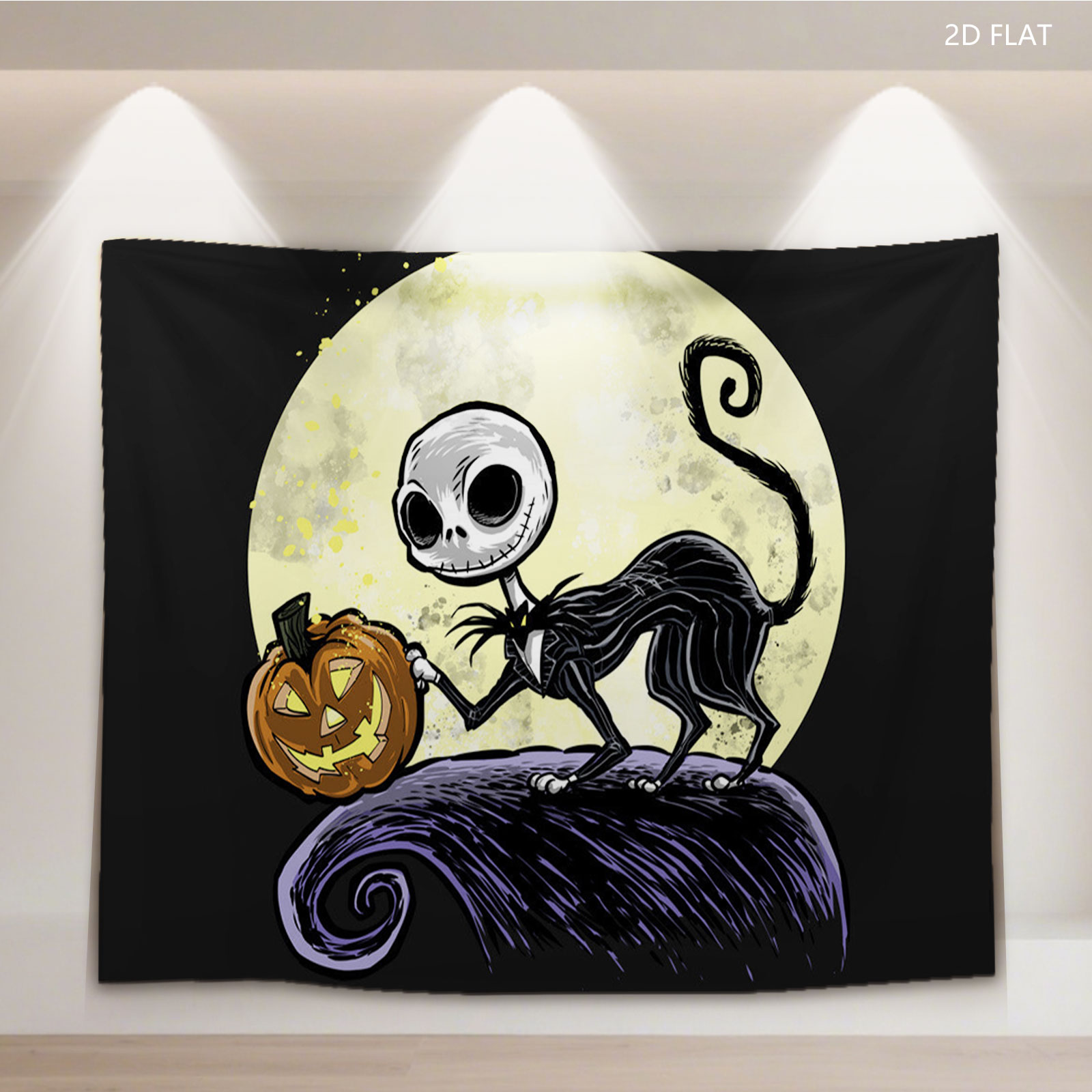 Jack Skellington from The Nightmare Before Christmas holding a pumpkin against a full moon - Tapestry