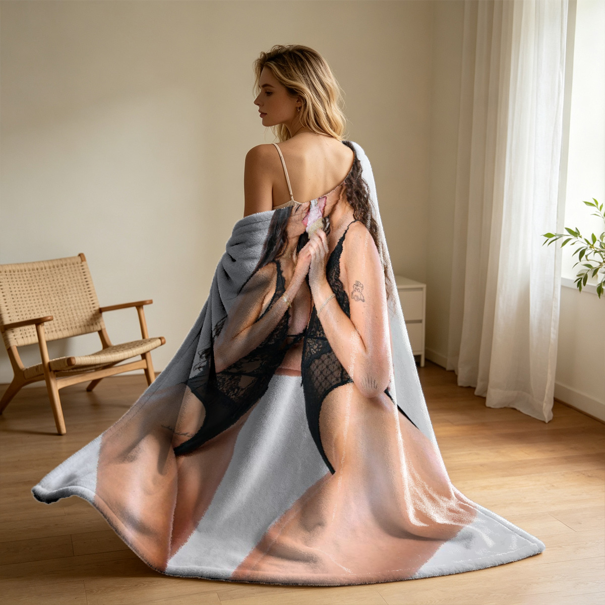 A seductive Asian woman in a pink lace bra and matching thong, white shirt pulled down, black stockings, seated in a black leather chair. - Blanket