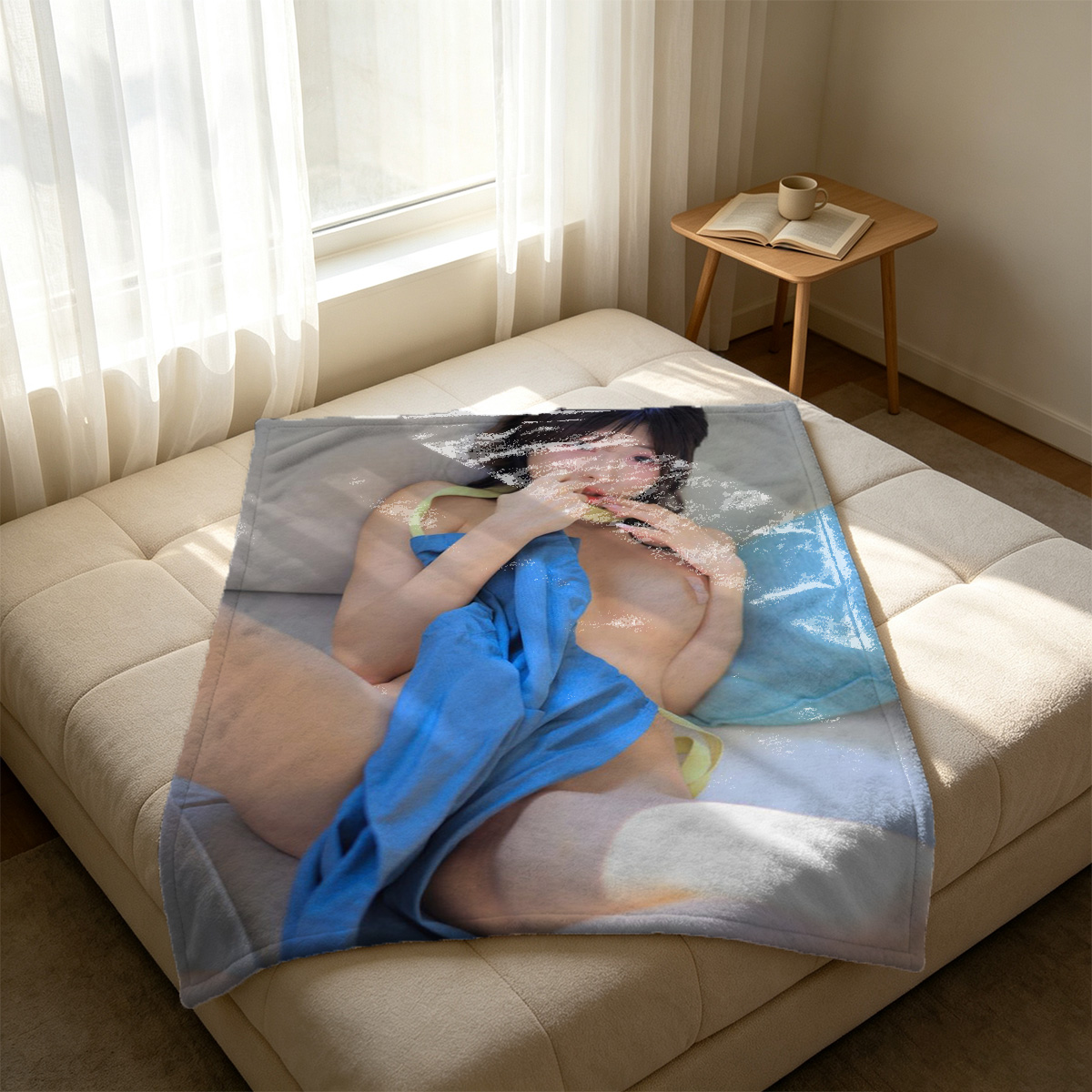 Maid Girl in Black and White Lingerie Sitting on Rug in Vintage Library - Blanket