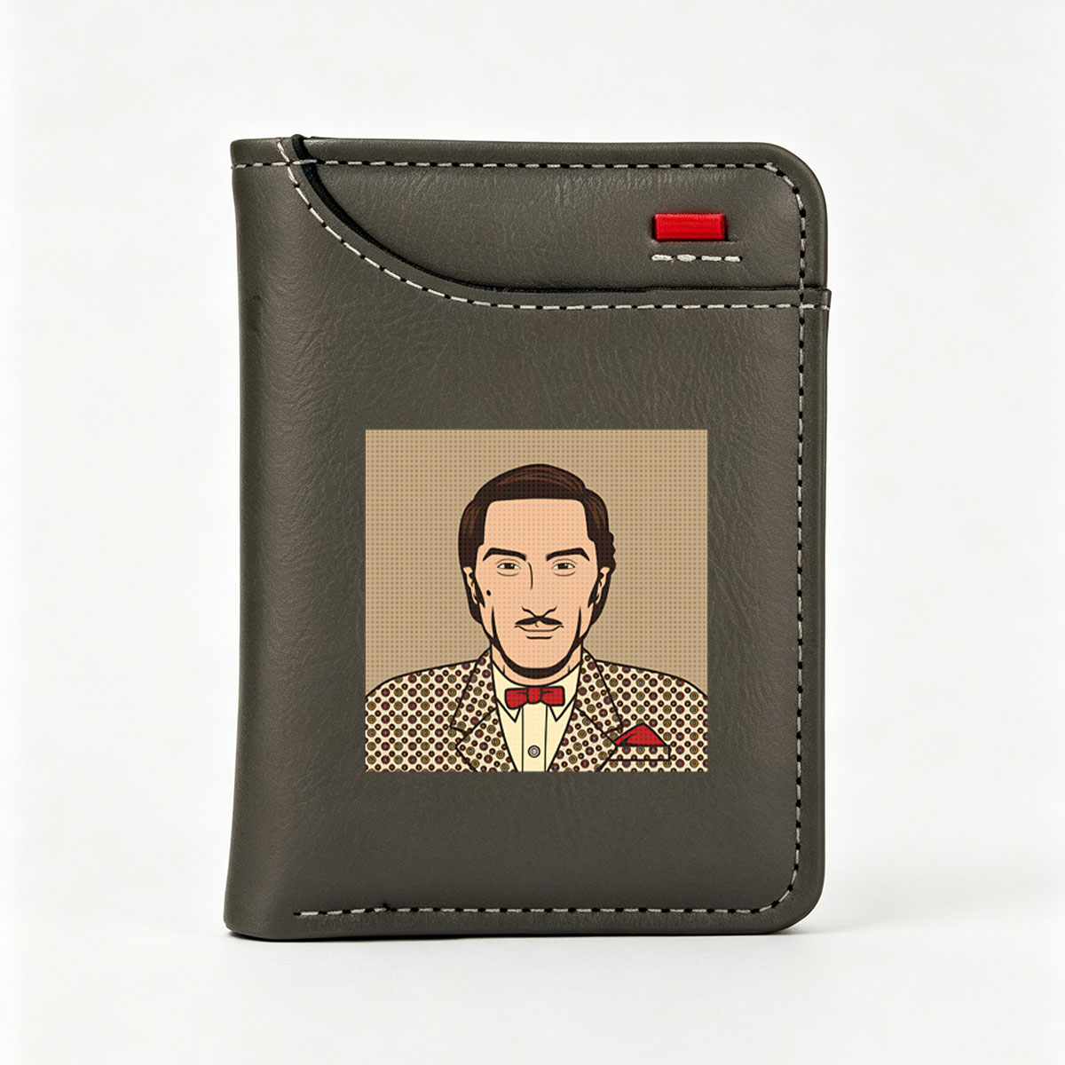 Dapper Gentleman in Patterned Suit and Red Bow Tie - Vertical Style Wallet