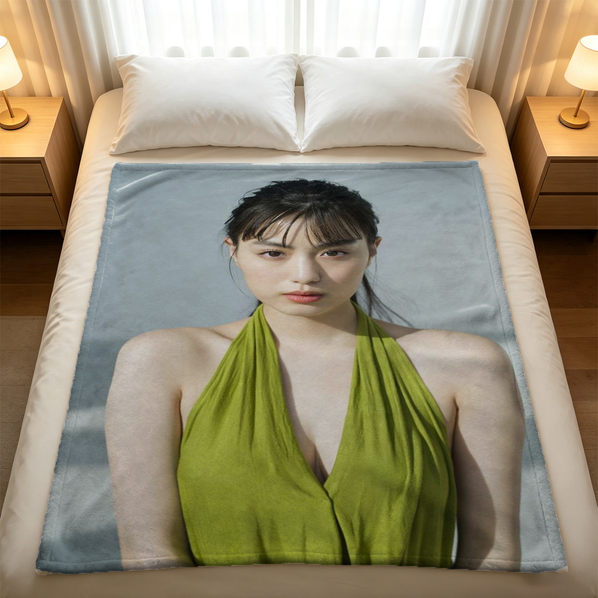 A woman in a sheer beige backless dress posing in a modern interior. - Blanket