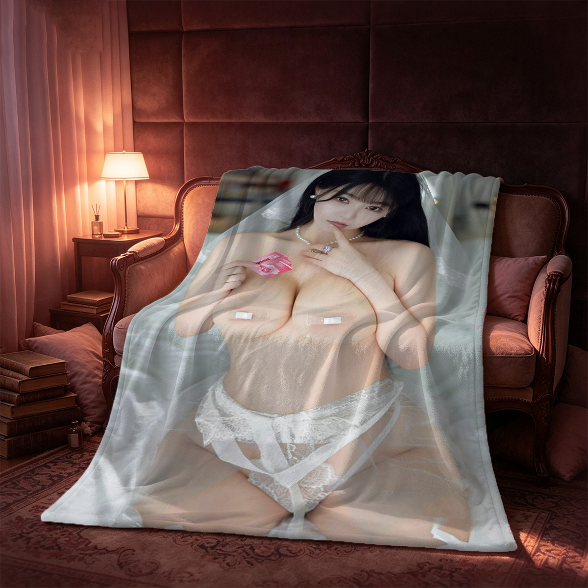 Pouring Water on Herself in White Lingerie - Blanket