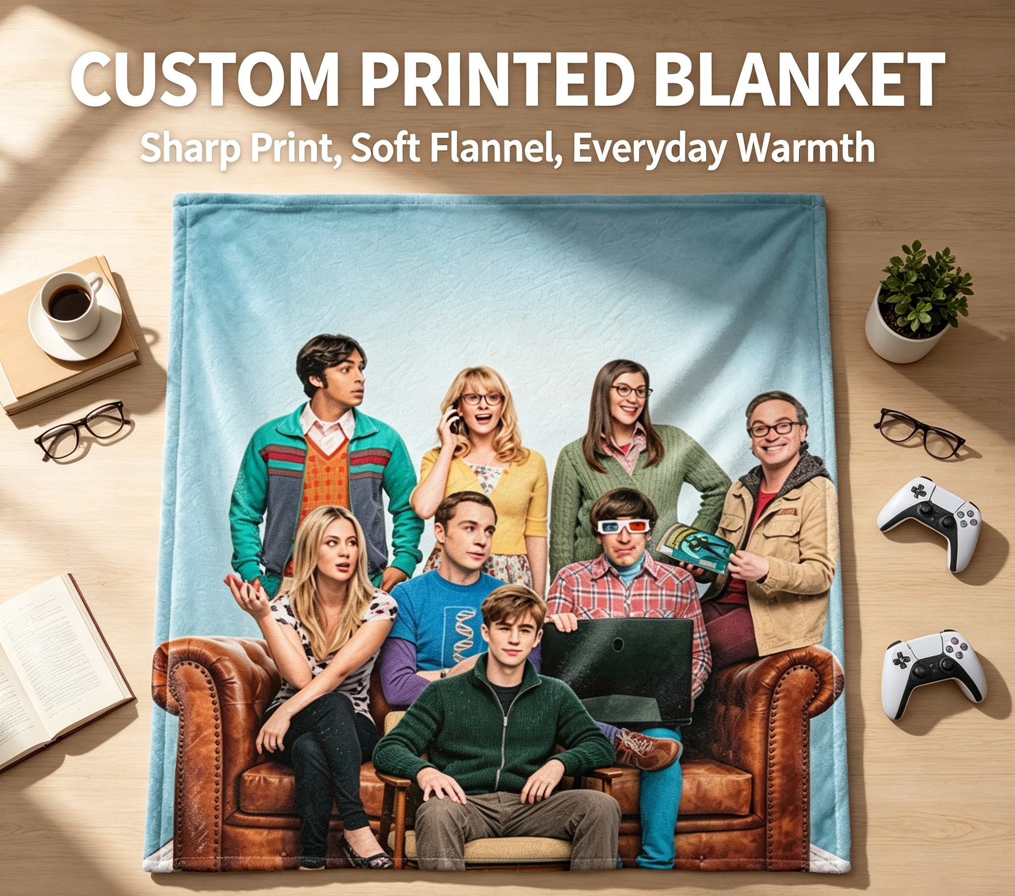 Custom Face Blanket The Big Bang Theory Characters Flannel Blanket Cozy Living Room Gift for Fans and TV Show Lovers