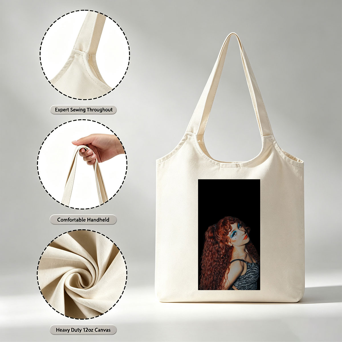 Chappell Roan in a Dramatic Pose with Vibrant Red Hair and Bold Blue Eye Makeup Against a Dark Background - Canvas shoulder bags/