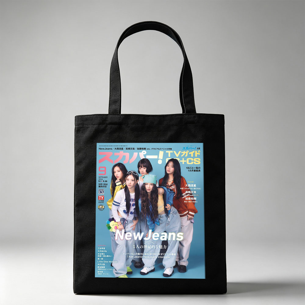 NewJeans on TV Guide Cover Featuring Five Members in Casual Outfits with Blue Background - Canvas tote bags