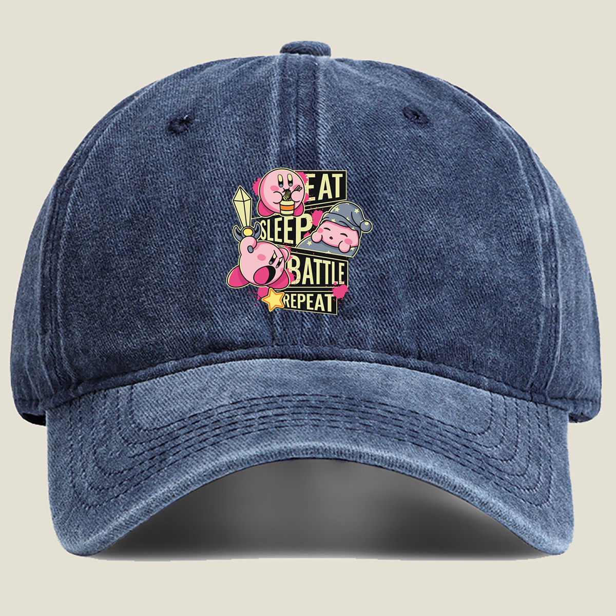 Kirby: Eat, Sleep, Battle, Repeat - Washed Denim - Baseball Cap