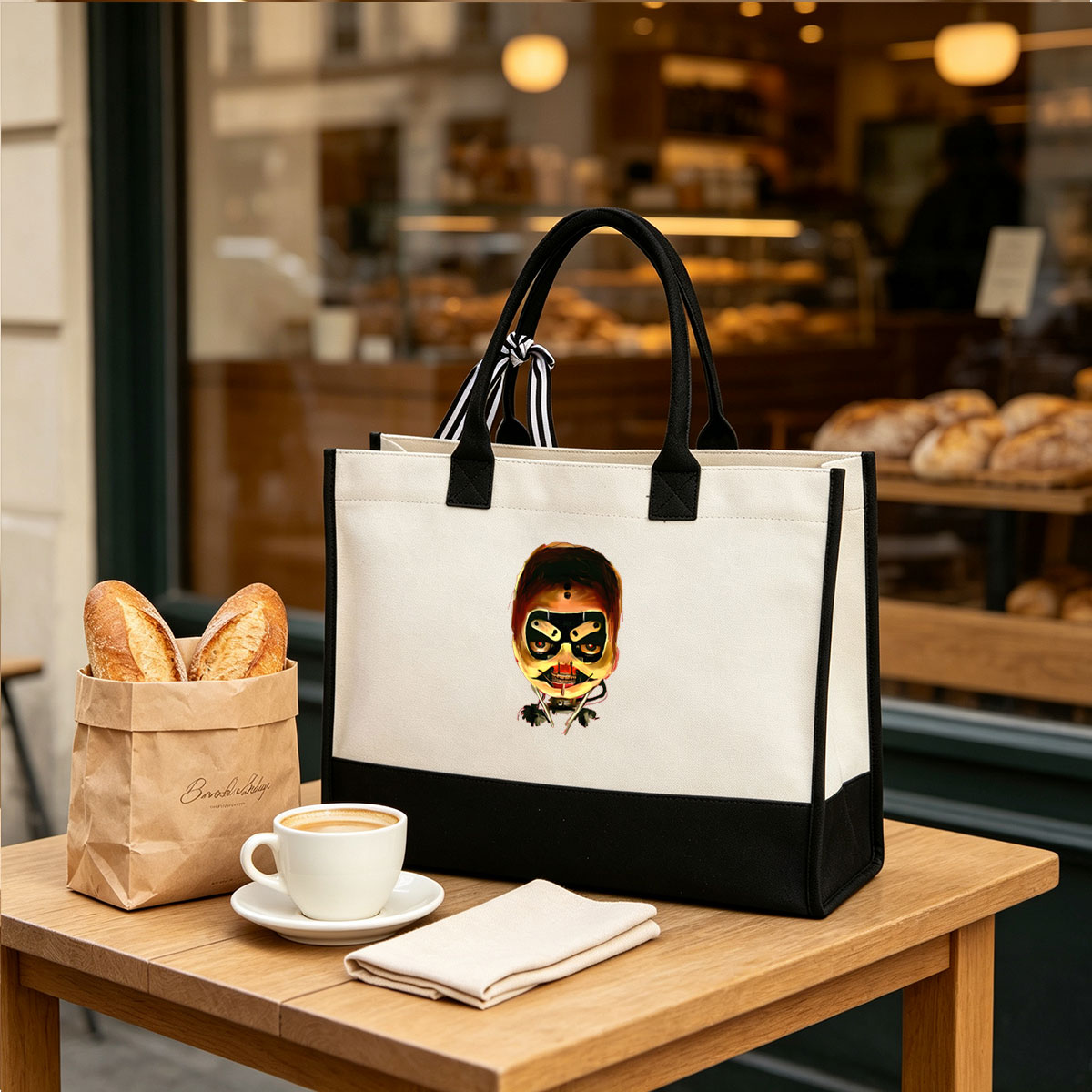 Robo-Skull: Cybernetic Mask with Glowing Eyes and Mechanical Jaws - Canvas patchwork gift tote bag