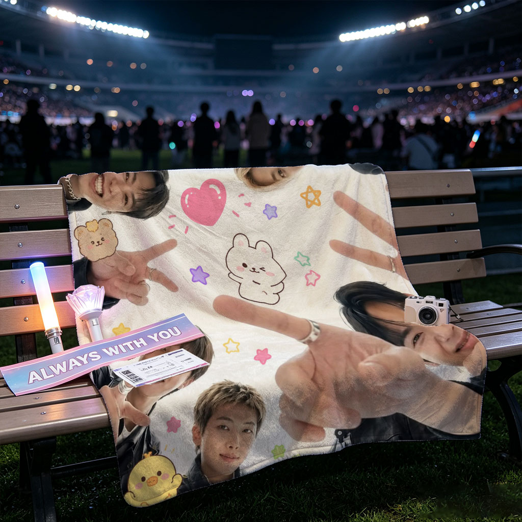 BTS Members in a Circle with Cute Stickers and Peace Signs - Blankets