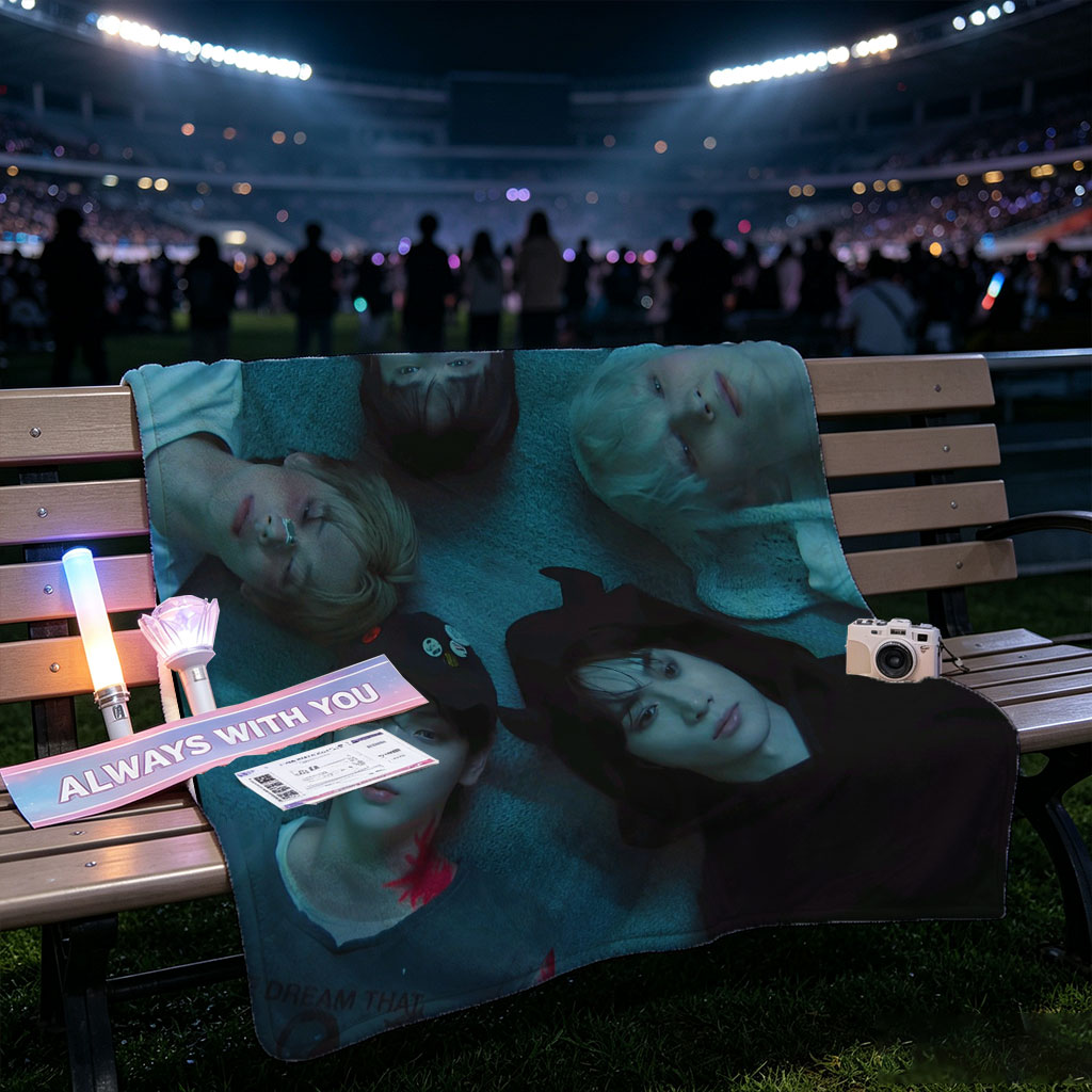TXT Members Lying in a Circle on the Floor in Moody Blue Lighting - Blankets