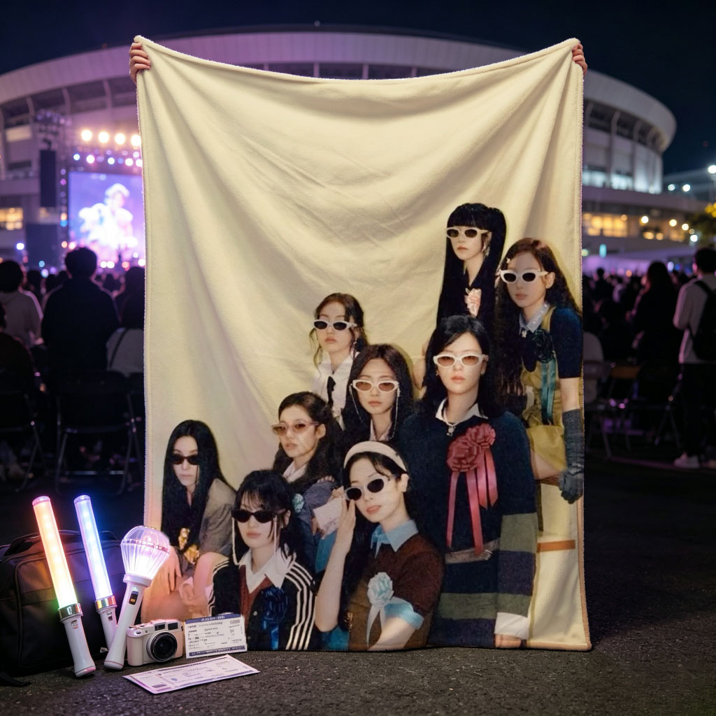 NewJeans Group Photo in Stylish Vintage Outfits with Sunglasses and Floral Accents - Blankets