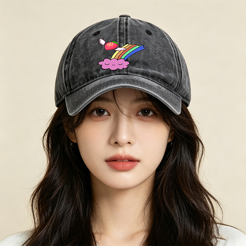 Unisex Classic Washed Cap with Flying Strawberry Rainbow Cloud Print - Perfect for Casual Outings, Travel, and Everyday Wear - Ideal for Teens and Young Adults Seeking Fun, Colorful Streetwear Style