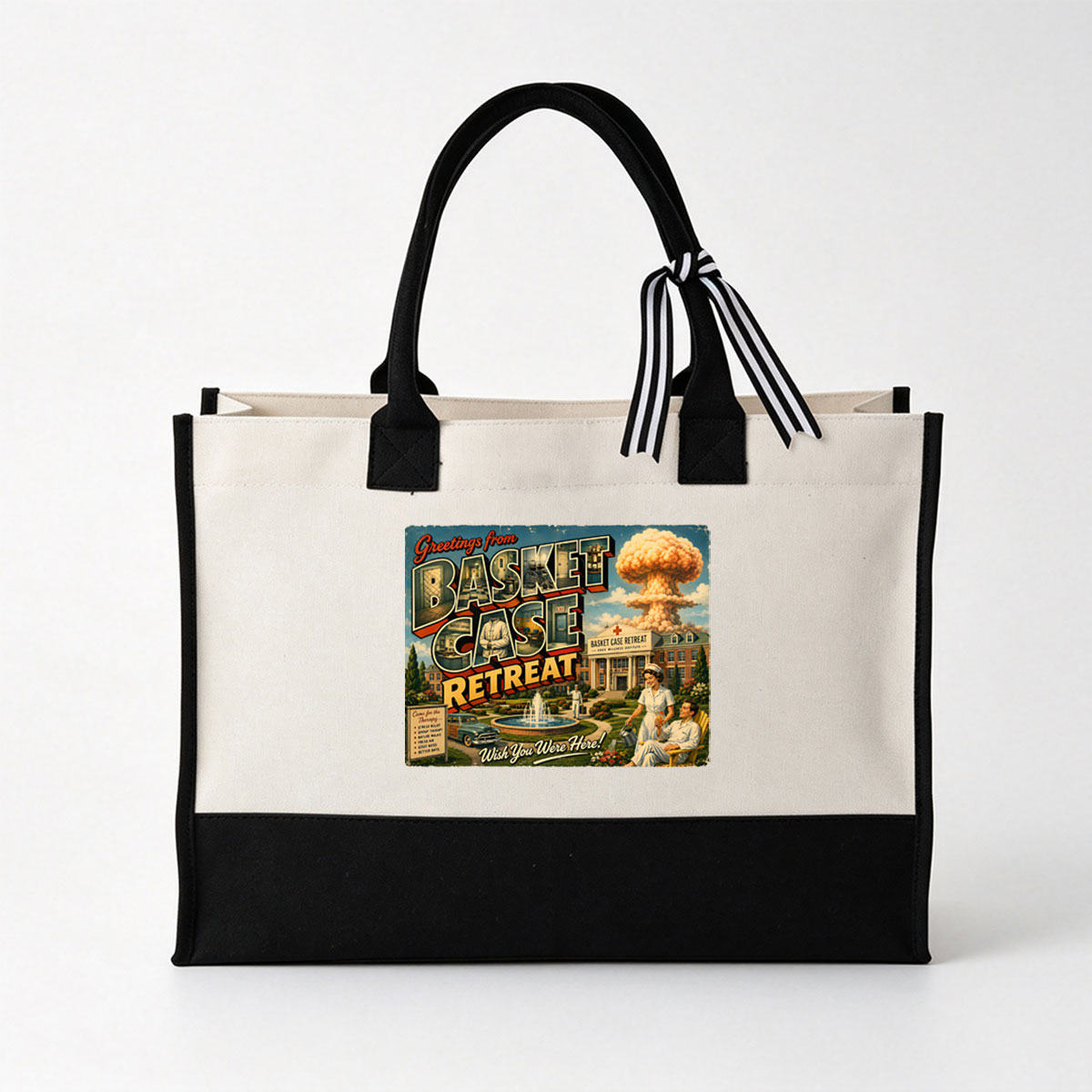 Greetings from Basket Case Retreat: Nurse and Patient Enjoying a Peaceful Day Amidst a Nuclear Explosion - Canvas patchwork gift tote bag