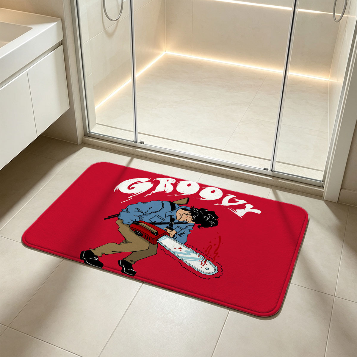 Groovy Chainsaw Man with Red Background - Flannel floor mat