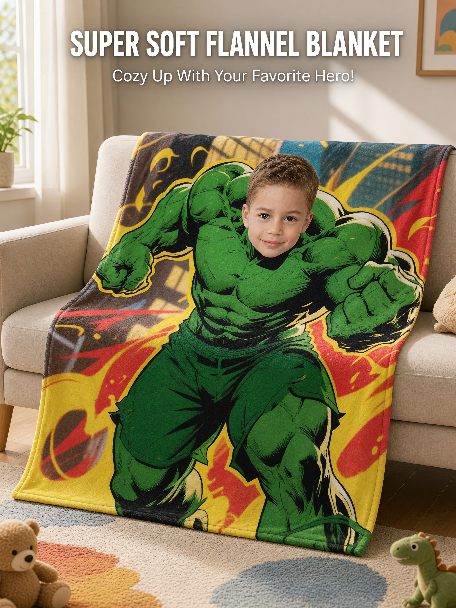 Custom Face Superhero Photo Flannel Blanket, Ultra Soft Anti-Pilling Cozy Throw, Ideal Personalized Gift for Kids
