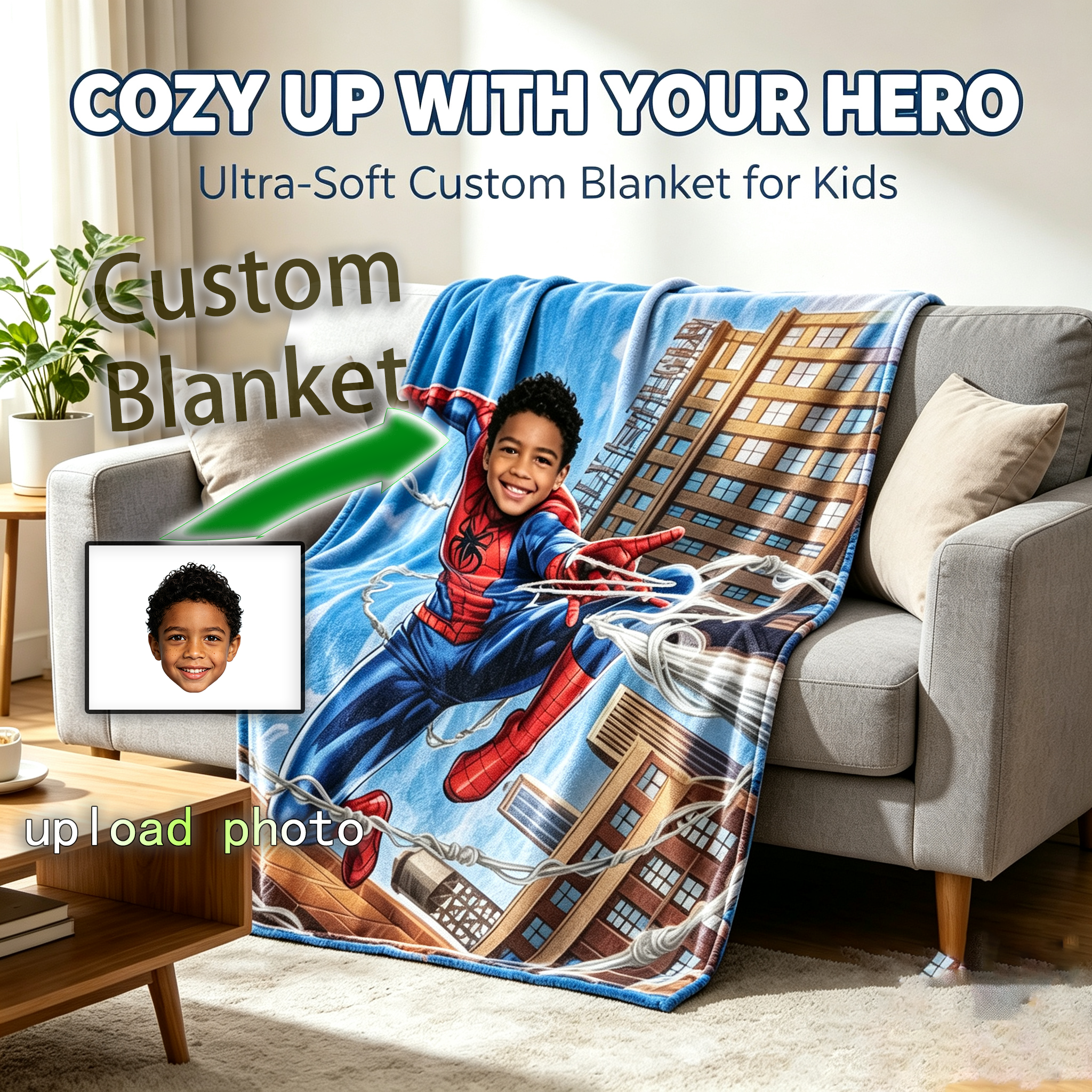 Custom Photo Spider‑Man Blanket for Kids, Personalized Superhero Throw Blanket, Soft Warm Flannel Blanket, Customized Hero Themed Gift for Boys Birthday Christmas