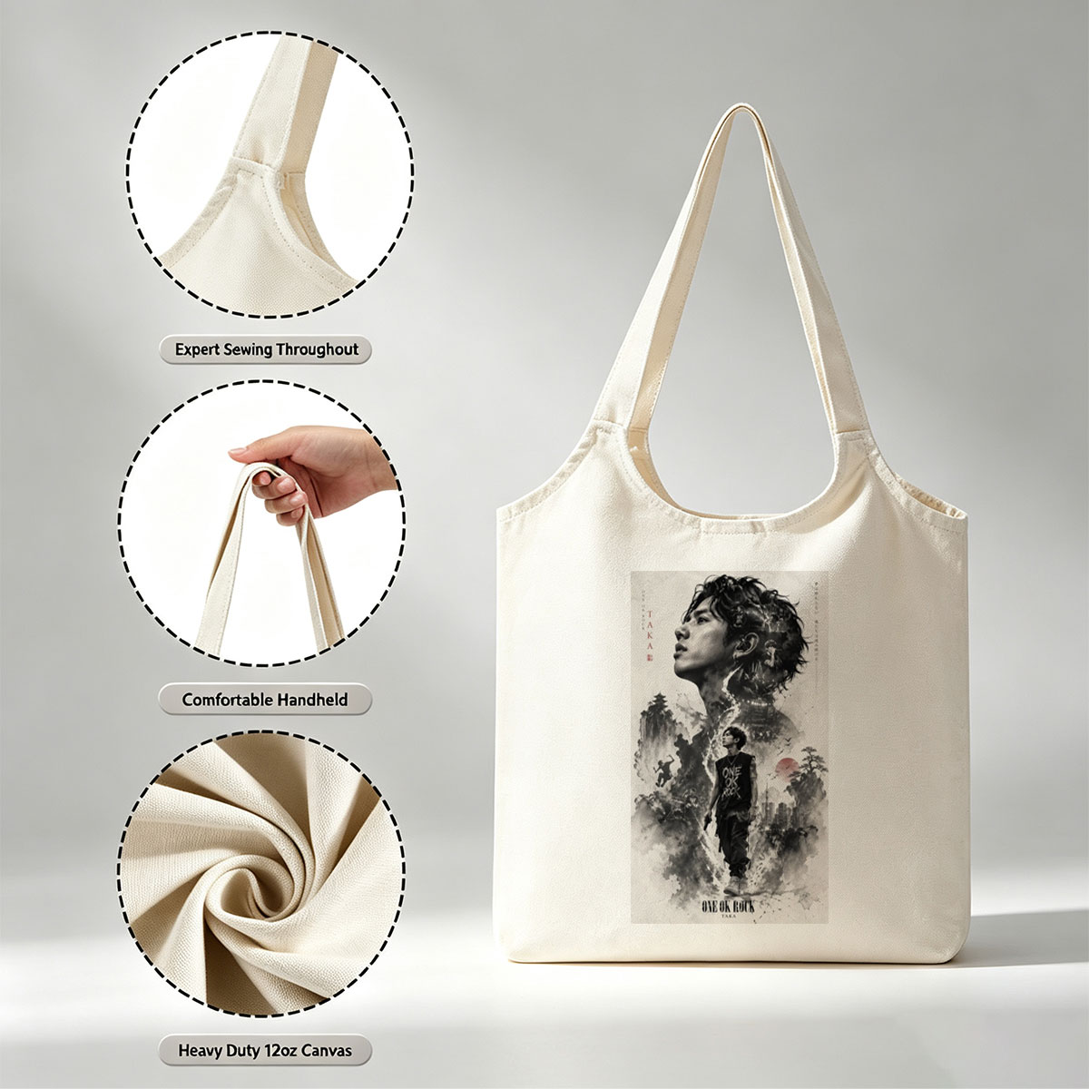 ONE OK ROCK TAKA in a Dramatic Monochrome Portrait with Traditional Japanese Landscape and Urban Elements - Canvas shoulder bags/