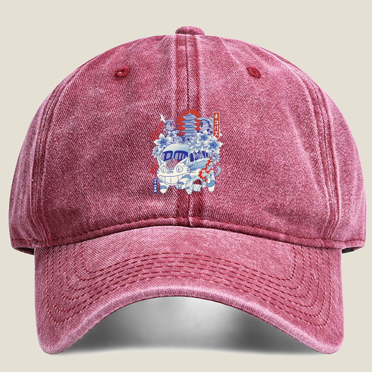 Neko Pass: Catbus and Cherry Blossoms - Washed Denim - Baseball Cap