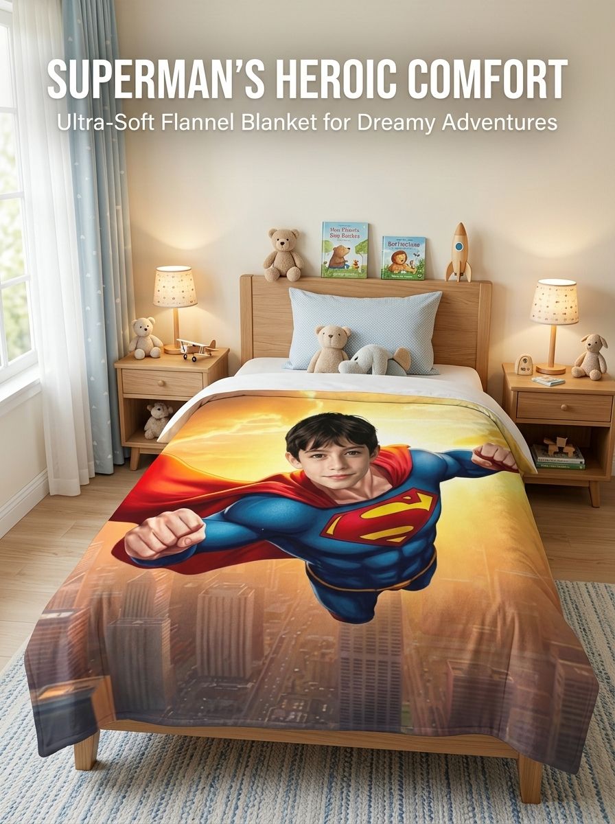 Custom Superhero Photo Face Fleece Blanket Personalized Soft Flannel Throw for Kids Adults Cozy Home Birthday Gift
