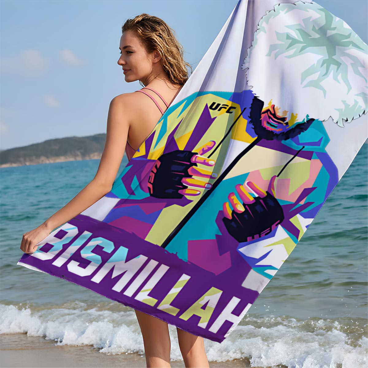 Bismillah: UFC Fighter with Vibrant Jacket and Afro Hairstyle - Beach towels