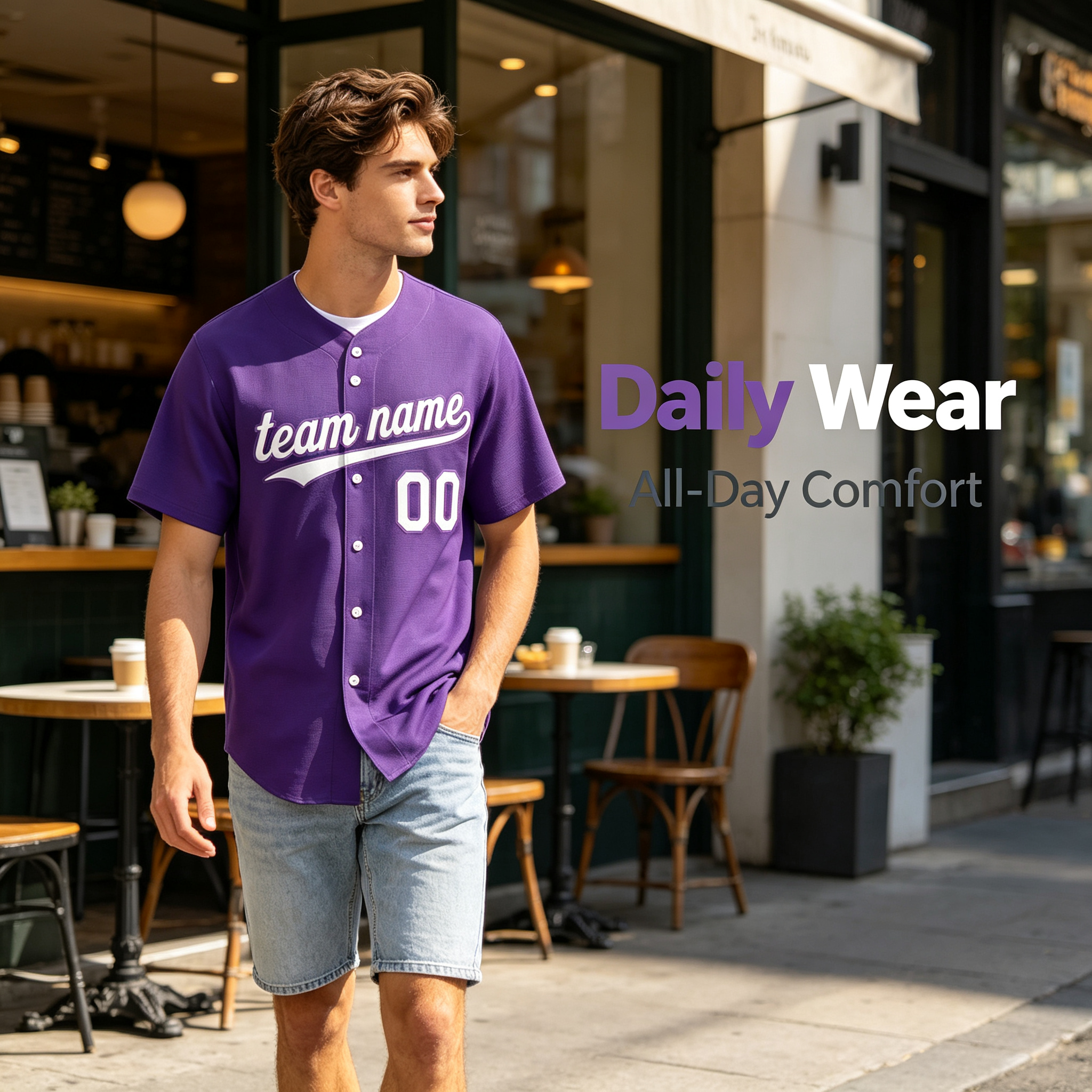 Custom Printed Colorado Mountain Style Baseball Jersey Royal Purple Short Sleeve Button Down Shirt for Men and Women