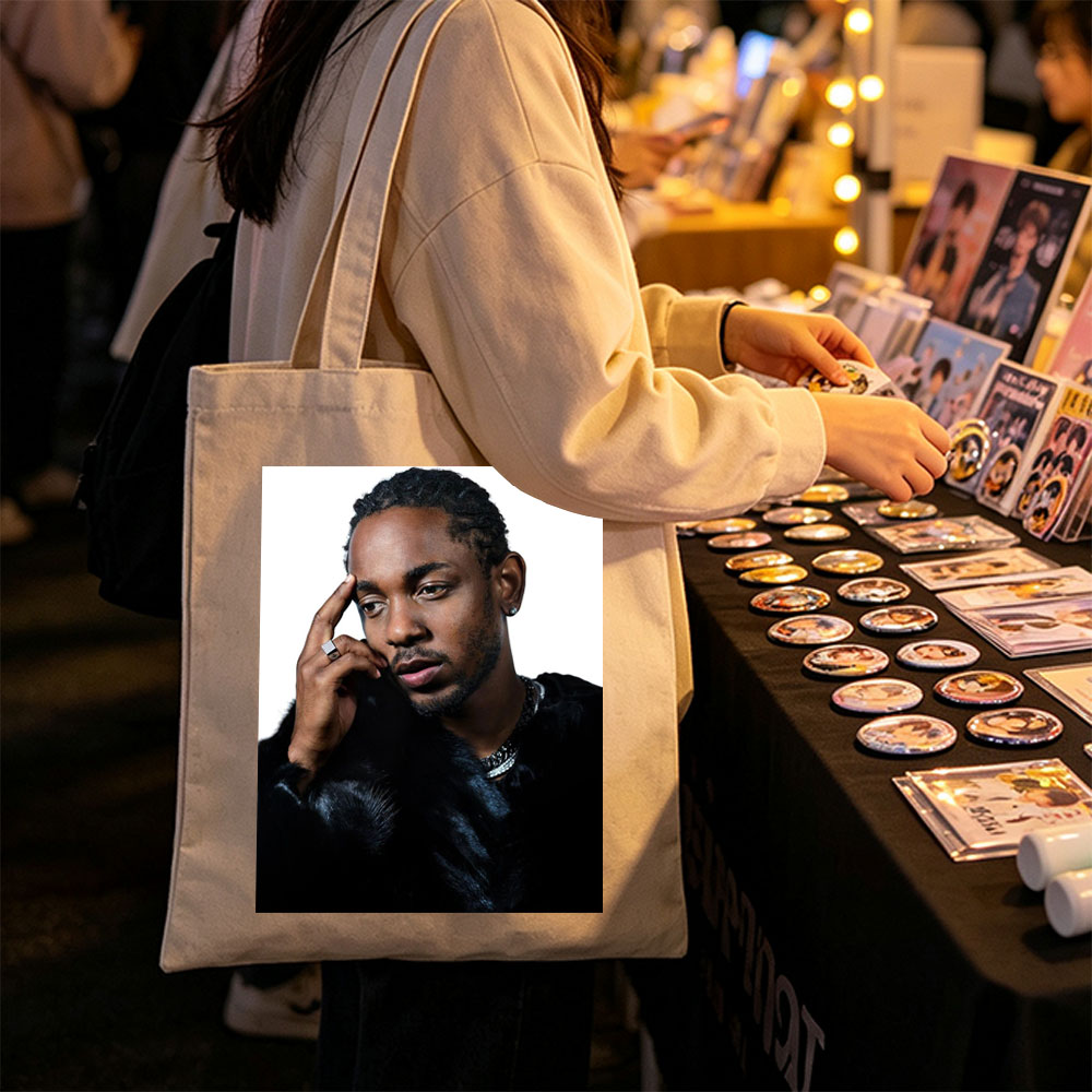 Kendrick Lamar in a Stylish Pose Wearing a Black Fur Coat and Silver Jewelry - Canvas tote bags