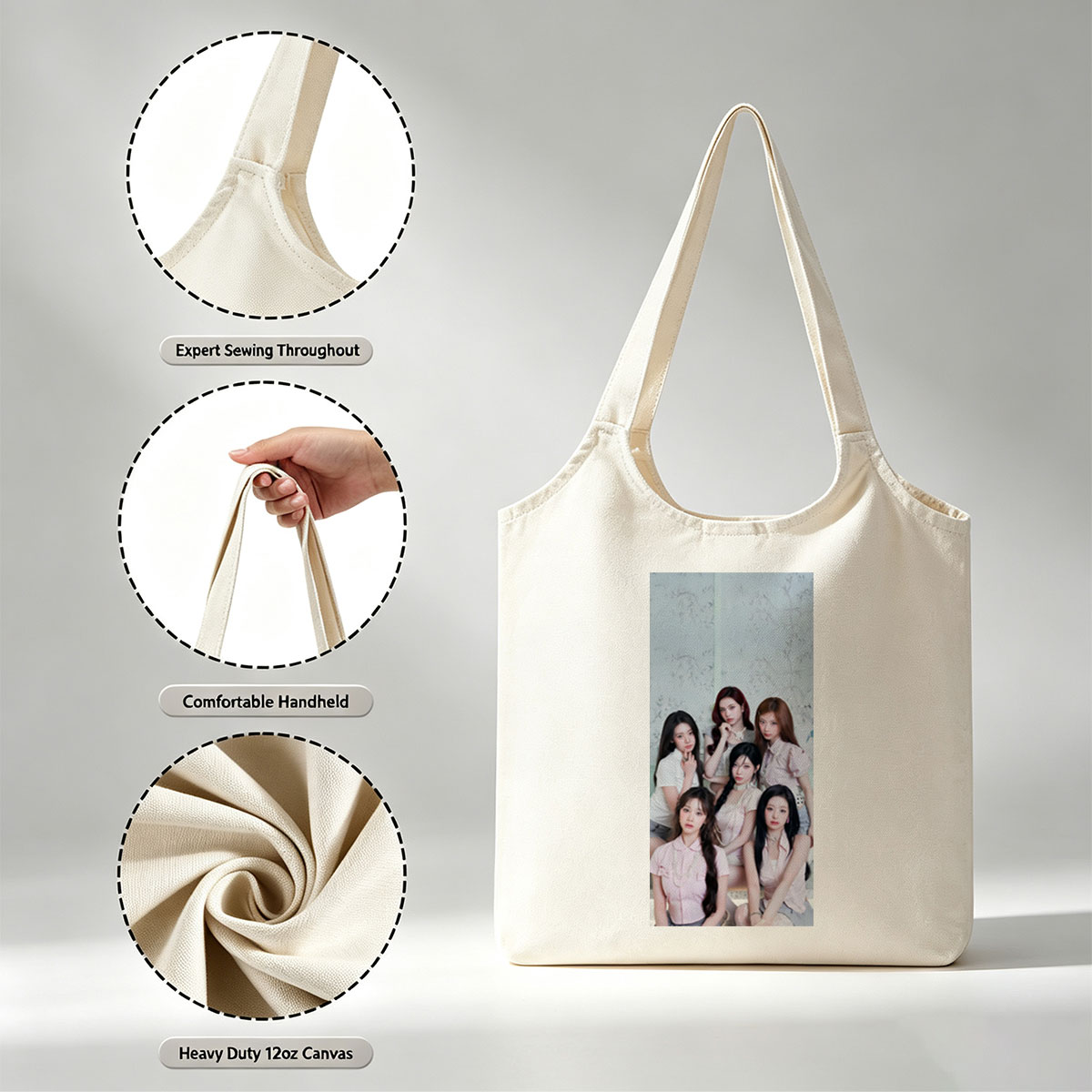 NMIXX Group Portrait in Elegant Pink Outfits Against Floral Background - Canvas shoulder bags/