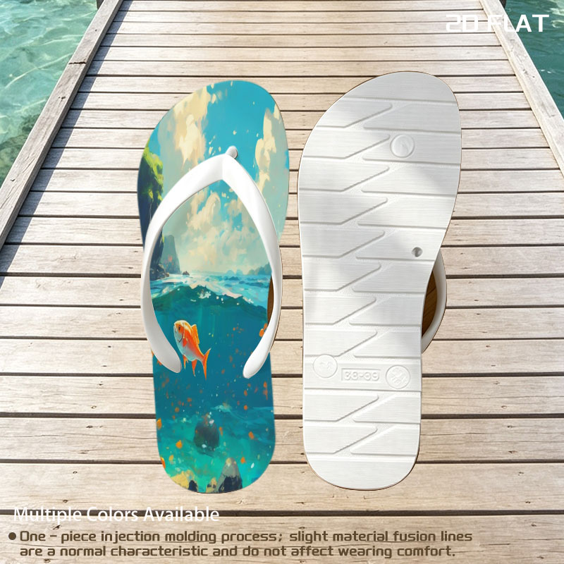 A vibrant orange fish swims gracefully in clear blue waters beneath a sunny sky. -  flip-flops