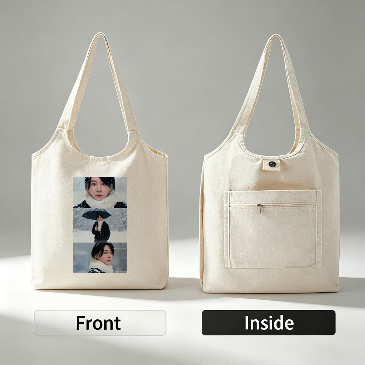 Yeonwoo in Snowy Winter Scene Holding Umbrella with White Scarf and Black Coat - Canvas shoulder bags/