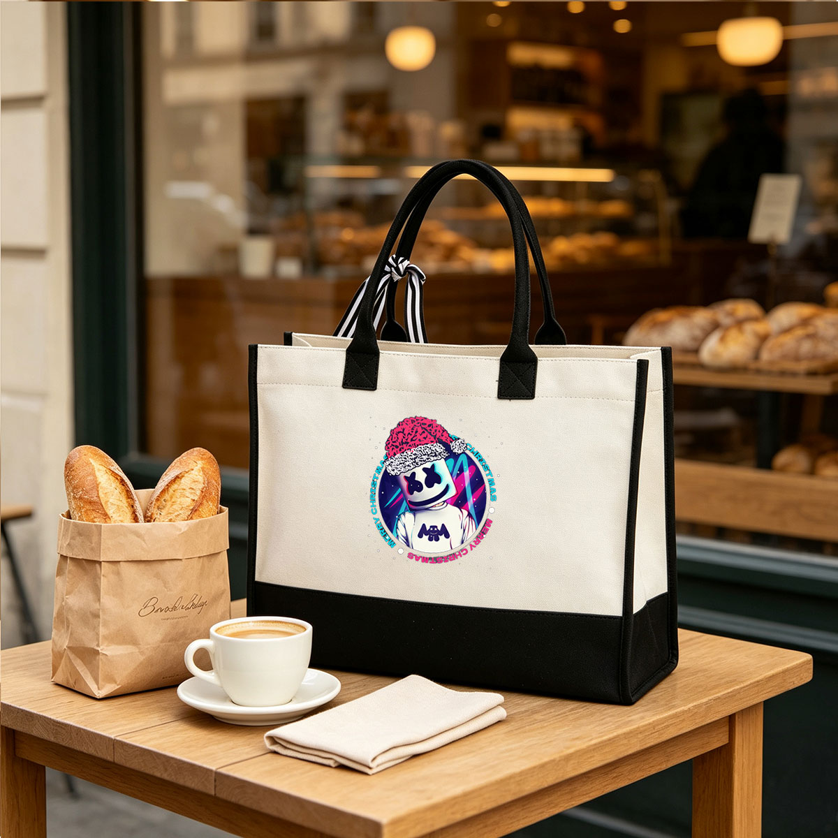 Marshmello Wears Santa Hat: Merry Christmas Celebration - Canvas patchwork gift tote bag