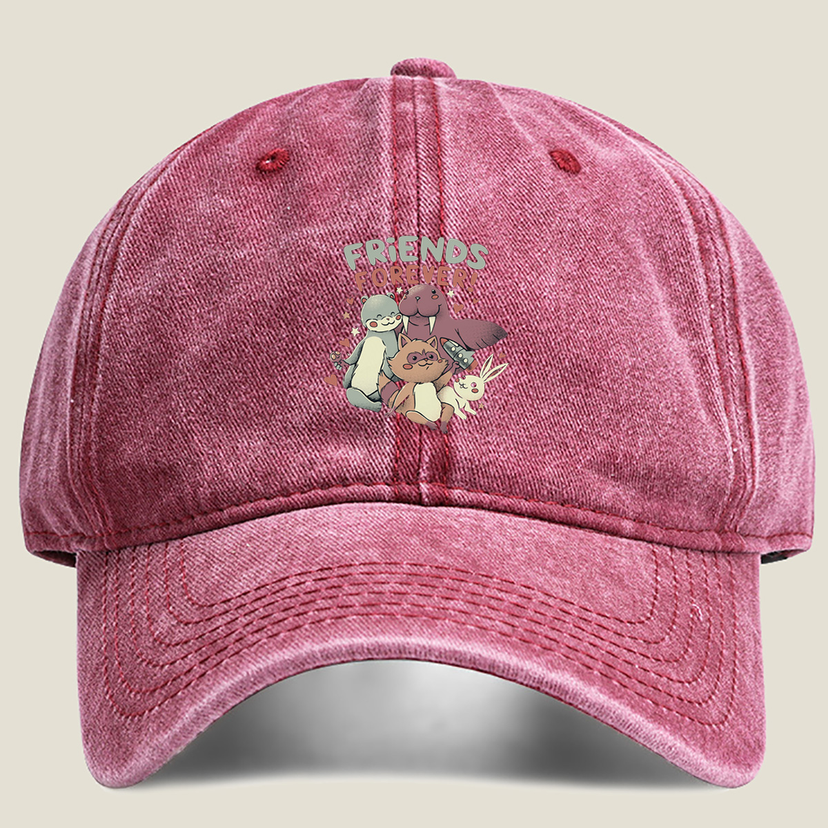 Friends Forever: Otter, Walrus, Cat, and Bunny - Washed Denim - Baseball Cap