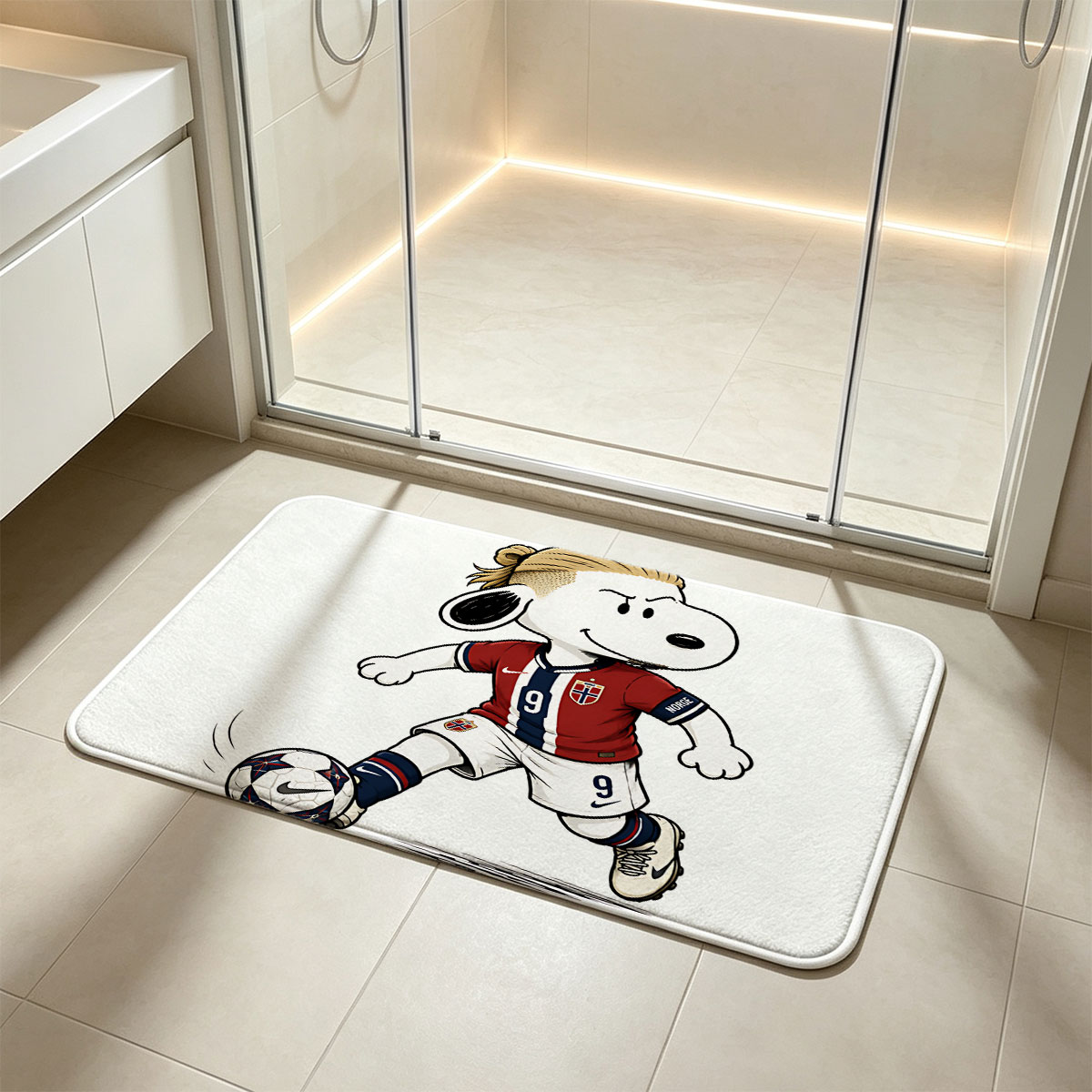 Snoopy as Norway Soccer Player, Wearing #9 Jersey, Kicking Ball - Flannel floor mat