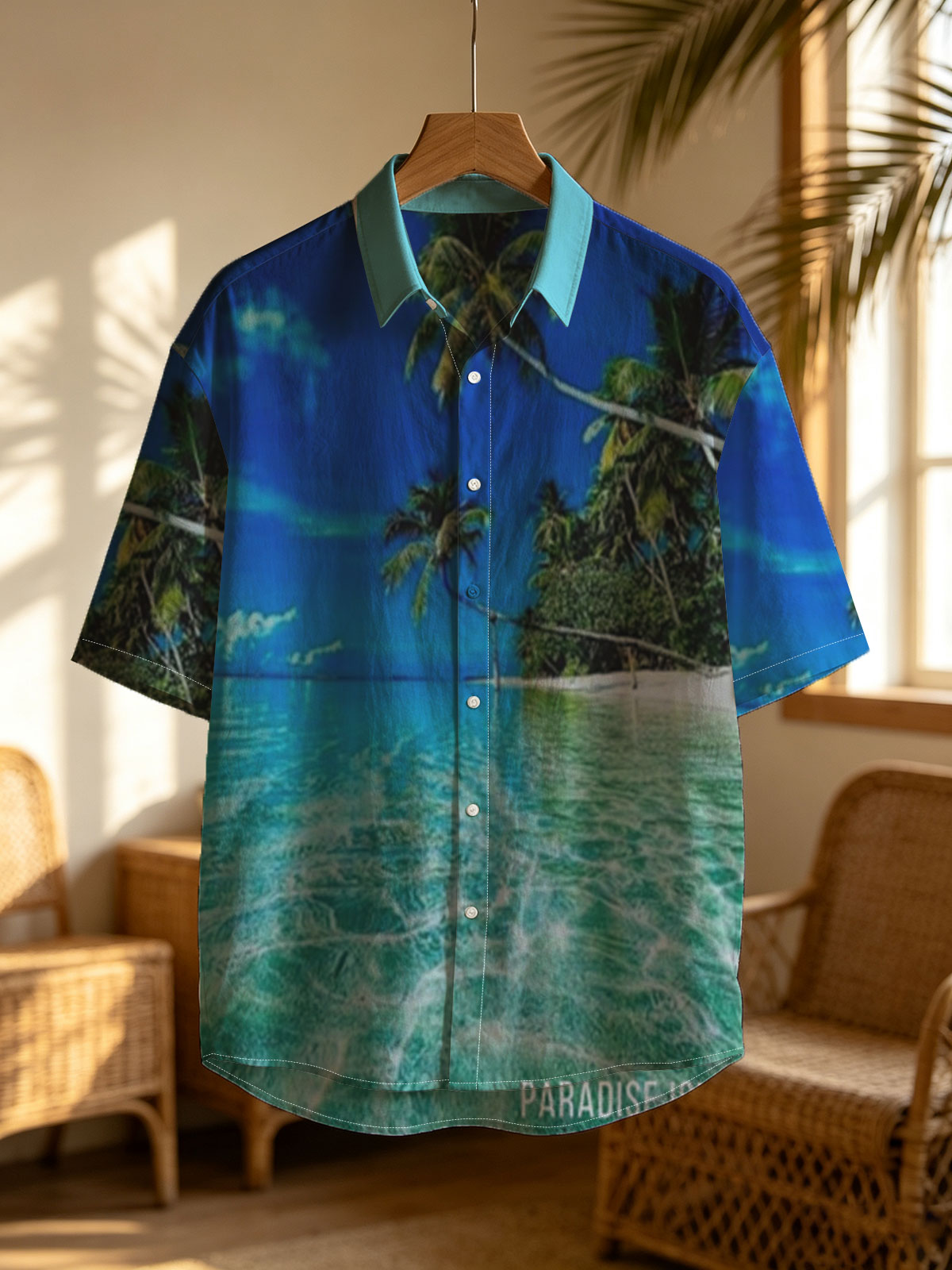 Crystal clear waters and swaying palms on a tropical paradise island under a vibrant blue sky. -  Shirt