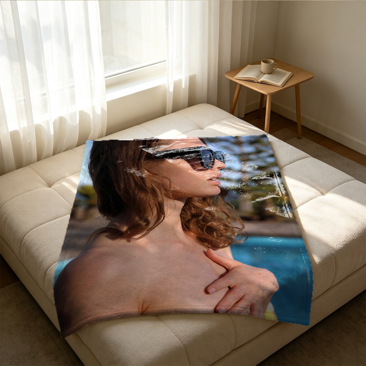 Nude woman posing on wooden table by window - Blanket