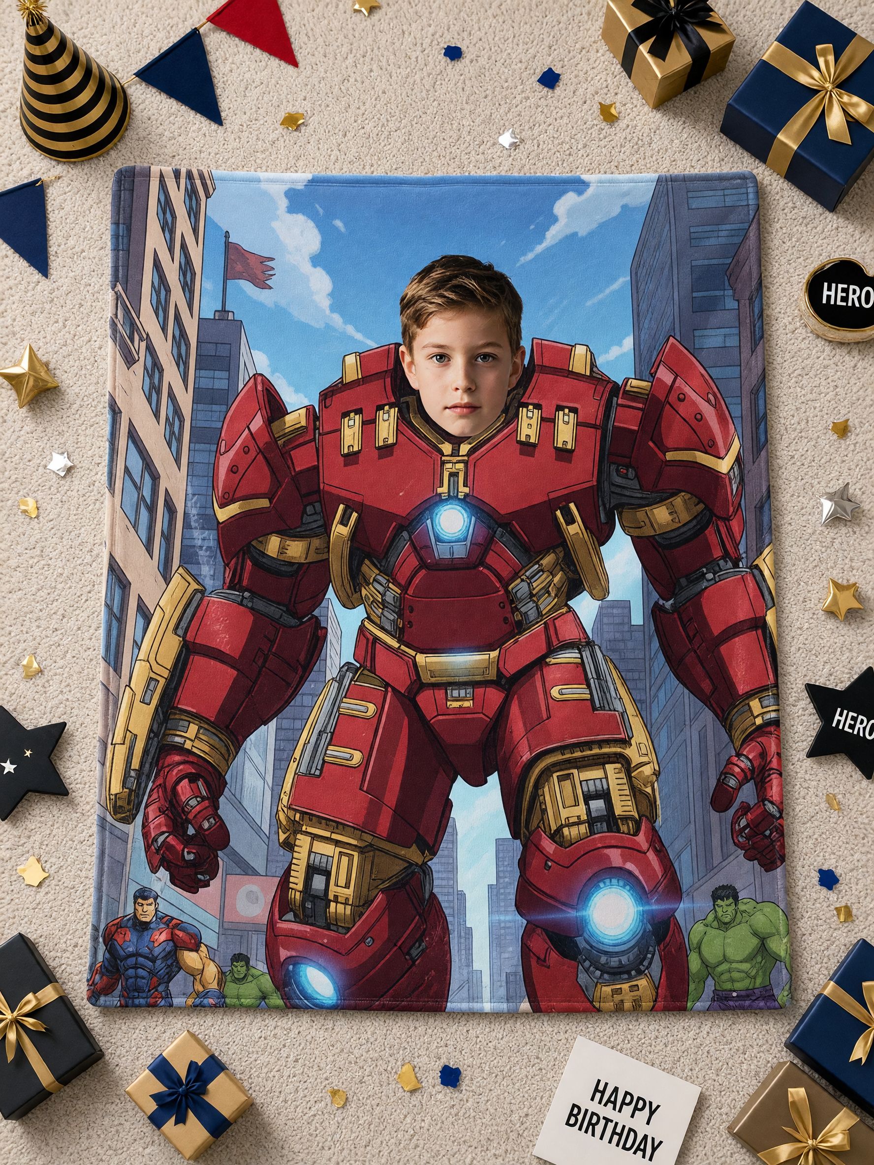 Custom Photo Superhero Armor Blanket Personalized Face Flannel Fleece Throw Skin Friendly Warm Bed Couch Gift for Boys