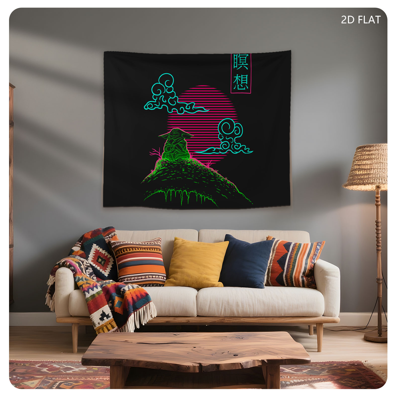 Meditation Mountain with Neon Clouds and Sun - Tapestry