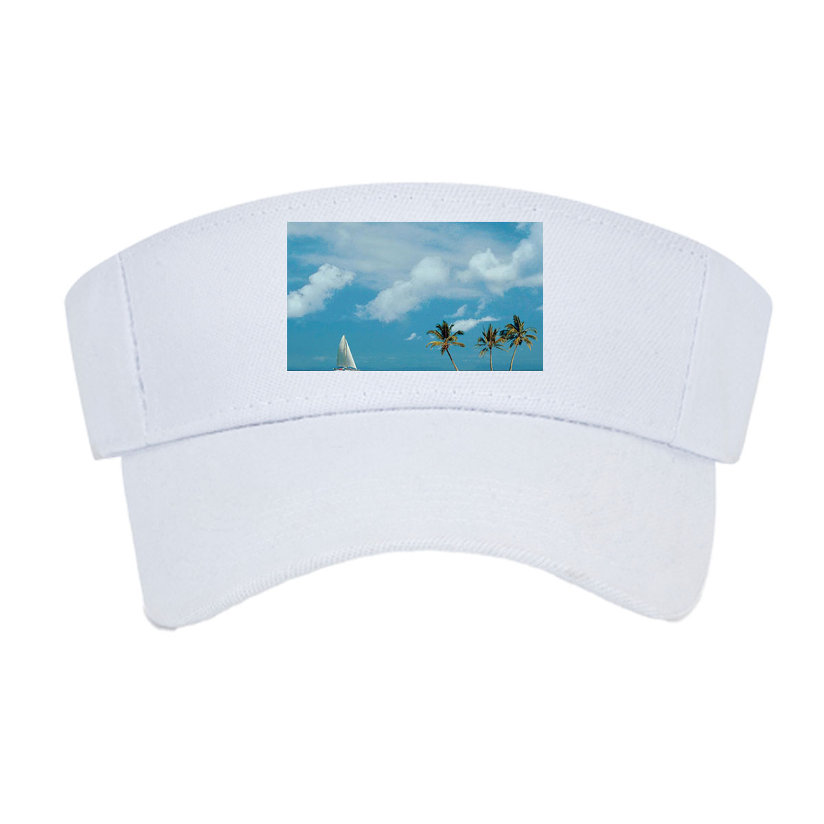 Sailboat near tropical island with palm trees under blue sky -  Visor cap