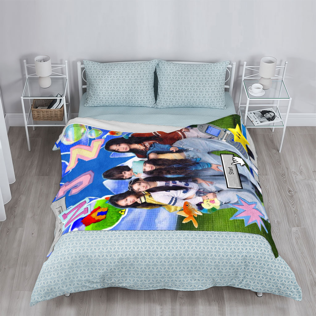 NewJeans Group Photo with Retro Game Interface and Colorful Elements - Blankets