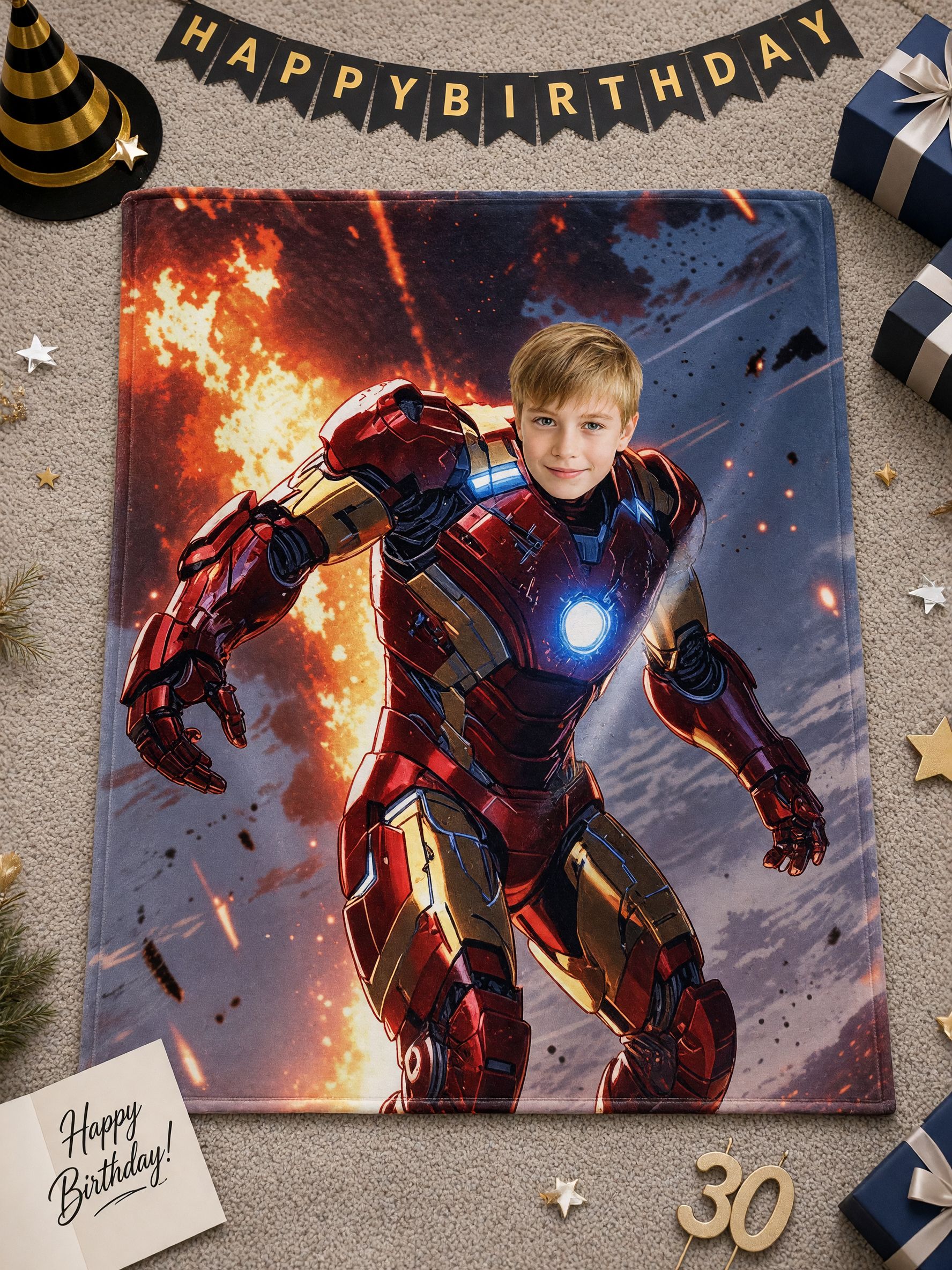 Custom Face Superhero Blanket, Personalized Photo Plush Flannel Throw, Cozy Armored Hero Gift