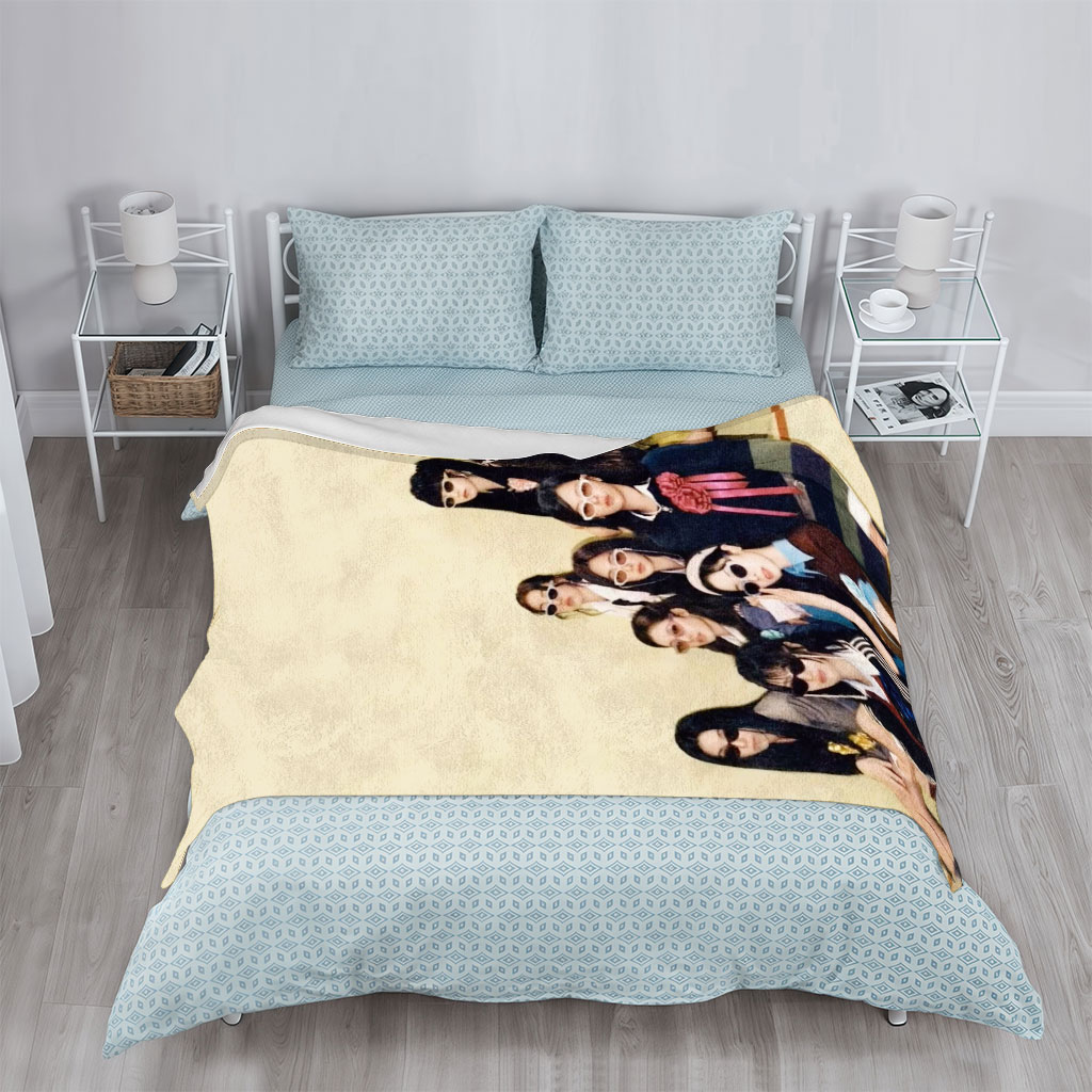 NewJeans Group Photo in Stylish Vintage Outfits with Sunglasses and Floral Accents - Blankets