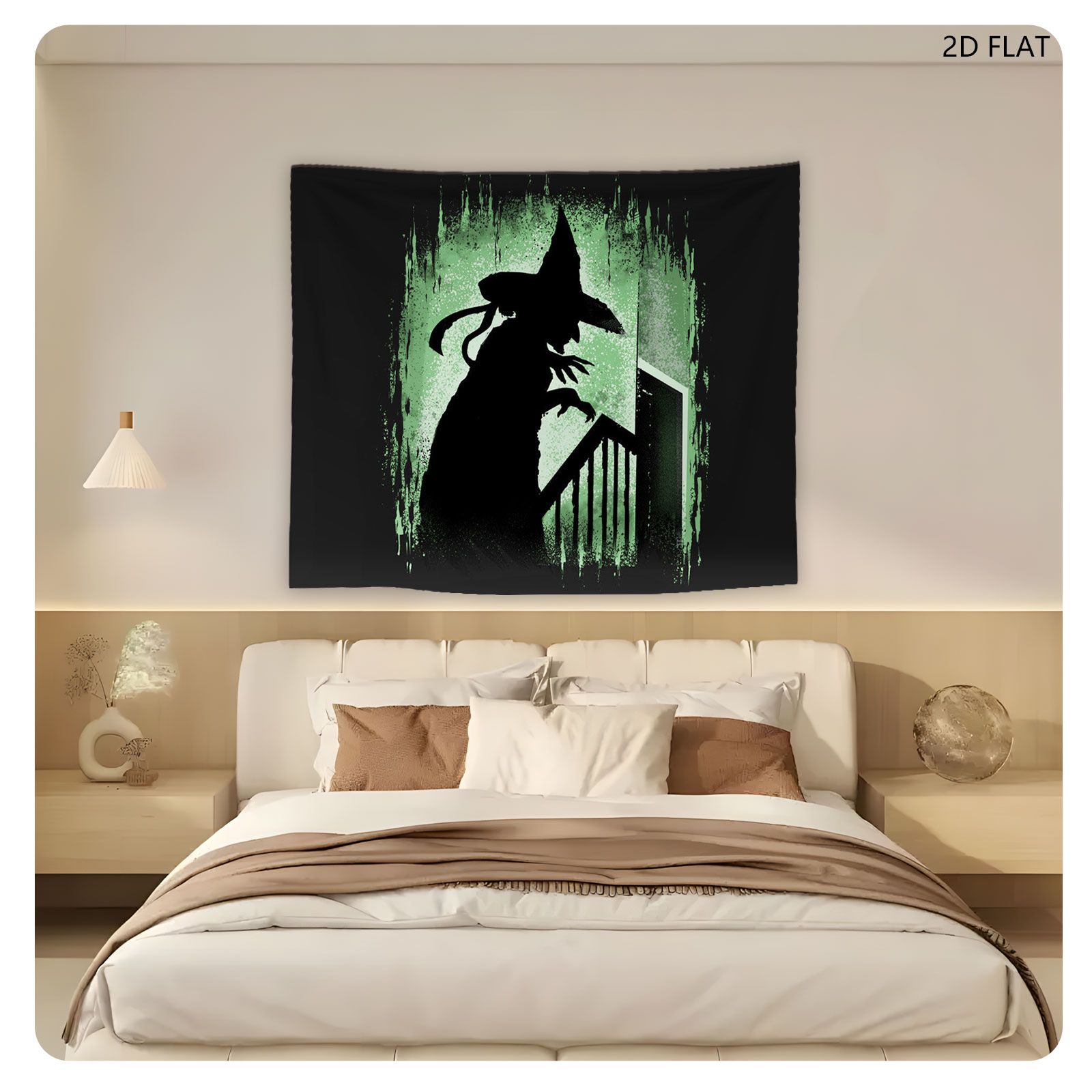 Silhouette of a Witch on Stairs in Green Glow - Tapestry