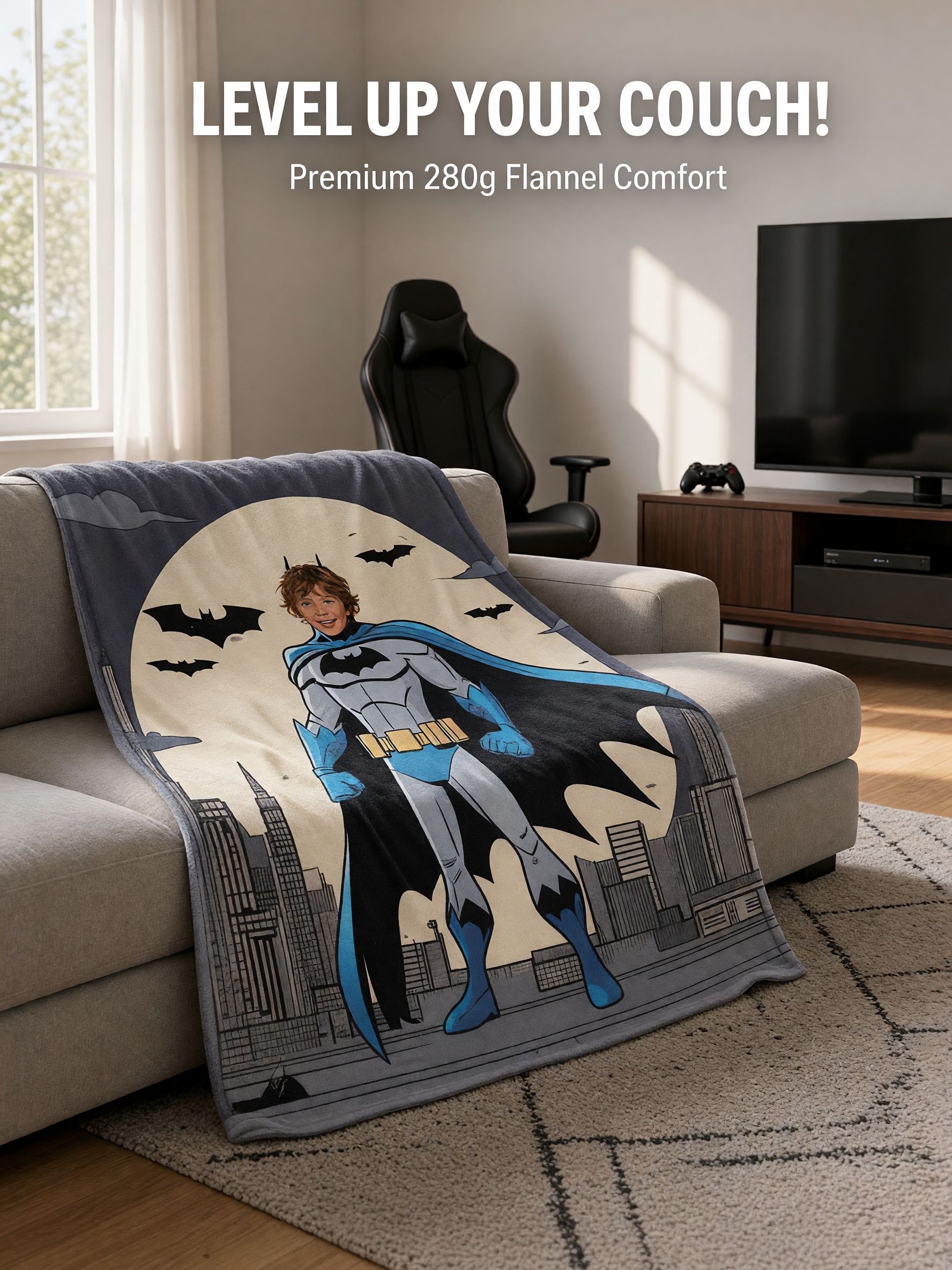 Personalized Superhero Face Blanket Custom Photo Comic Flannel Fleece Throw Skin Friendly Warm Couch Gift