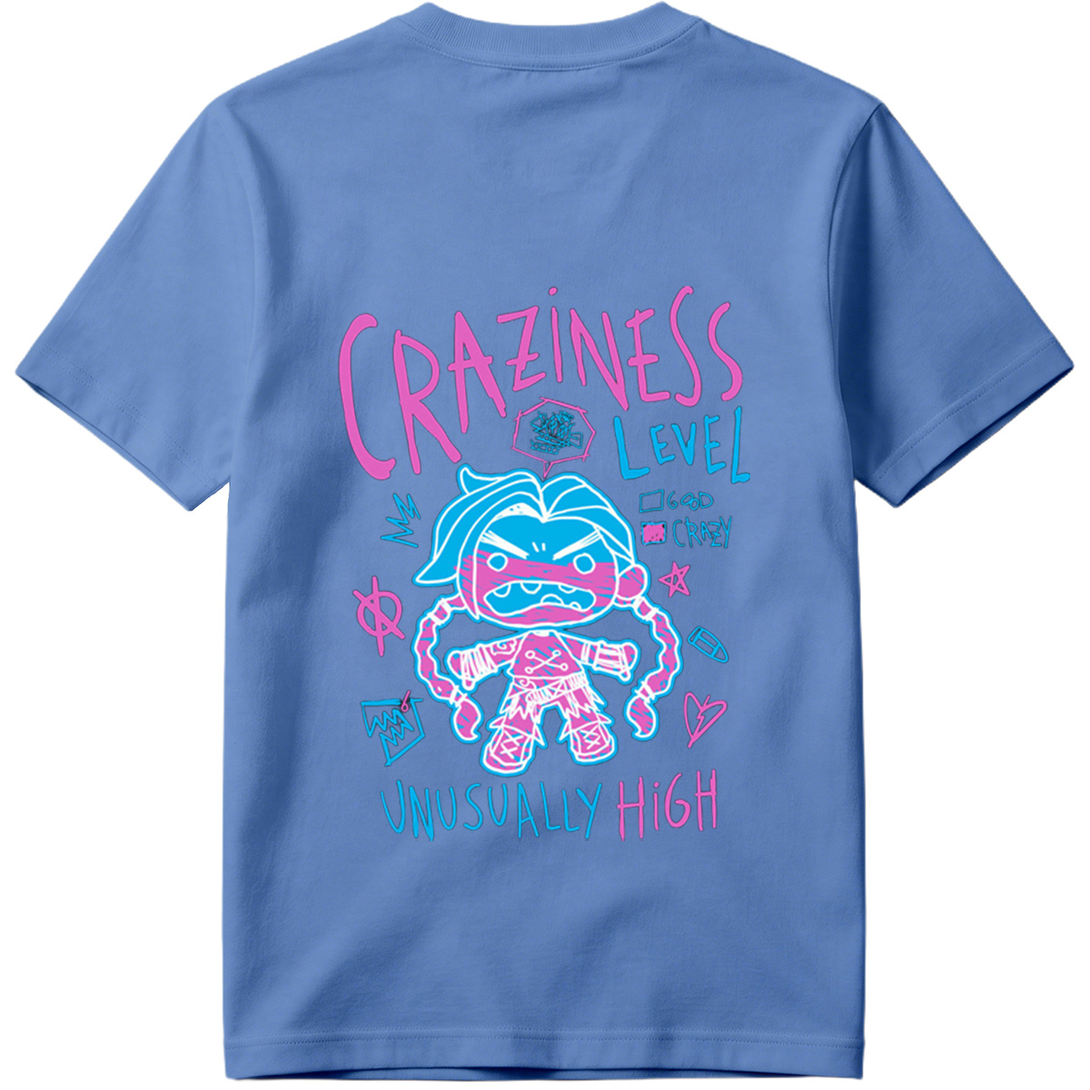 Craziness Level: Unusually High - Blue Character with Pink Accents - Tee