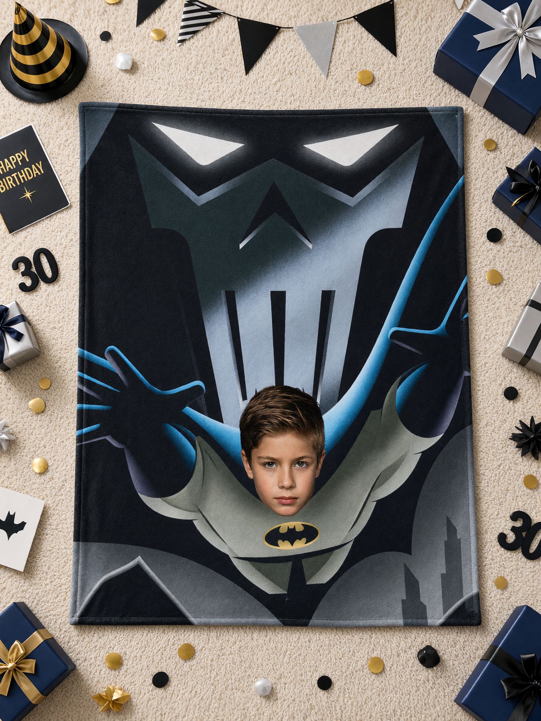 Custom Photo Superhero Flannel Fleece Blanket, Personalized Face Throw for Boys, Cozy Bed and Couch Gift