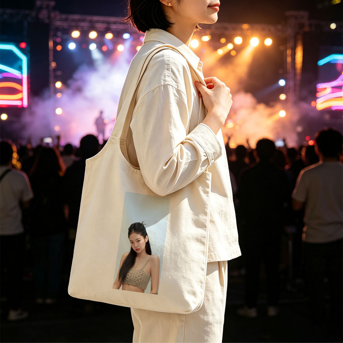 Jennie Kim in a Minimalist Look Wearing a Beige Knit Crop Top Against a Soft Blue Background - Canvas shoulder bags/